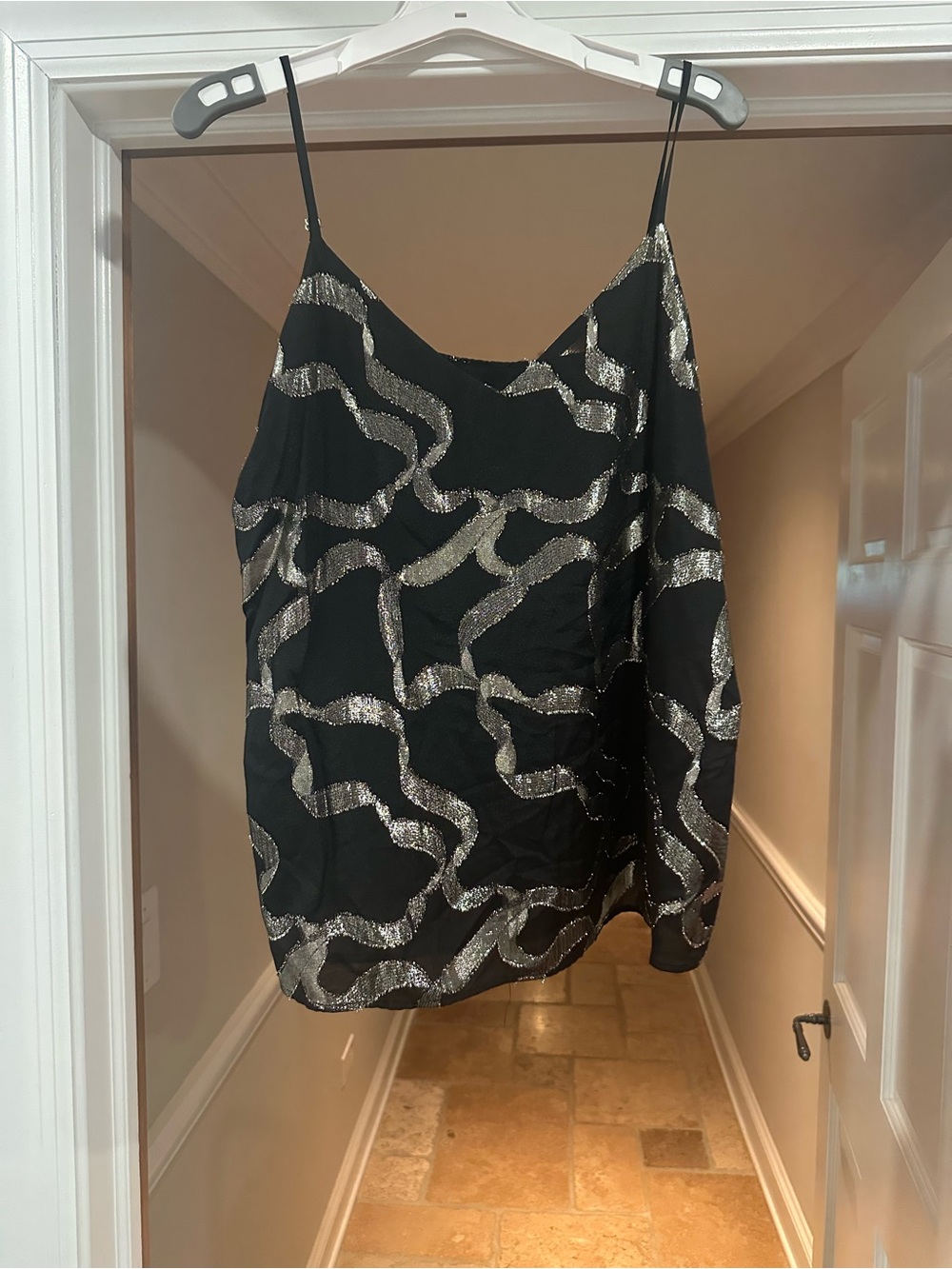 LOFT Black Camisole with Silver Sequin Wave Design